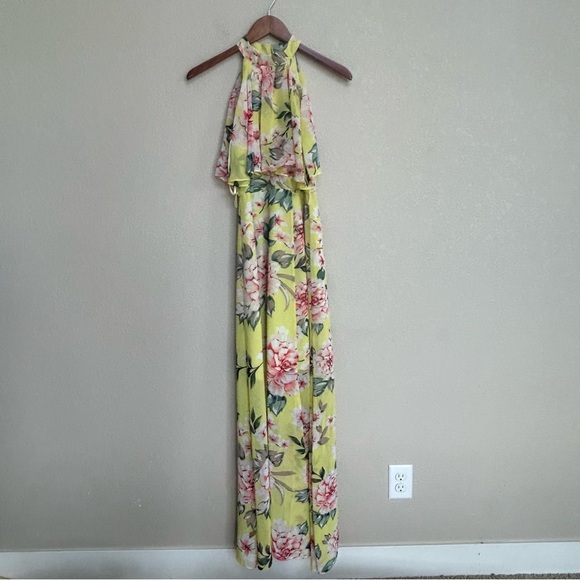 Eliza J Women’s 0 Yellow Floral Halter Pleated Popover Tiered Flowy Maxi Dress - Picture 2 of 8
